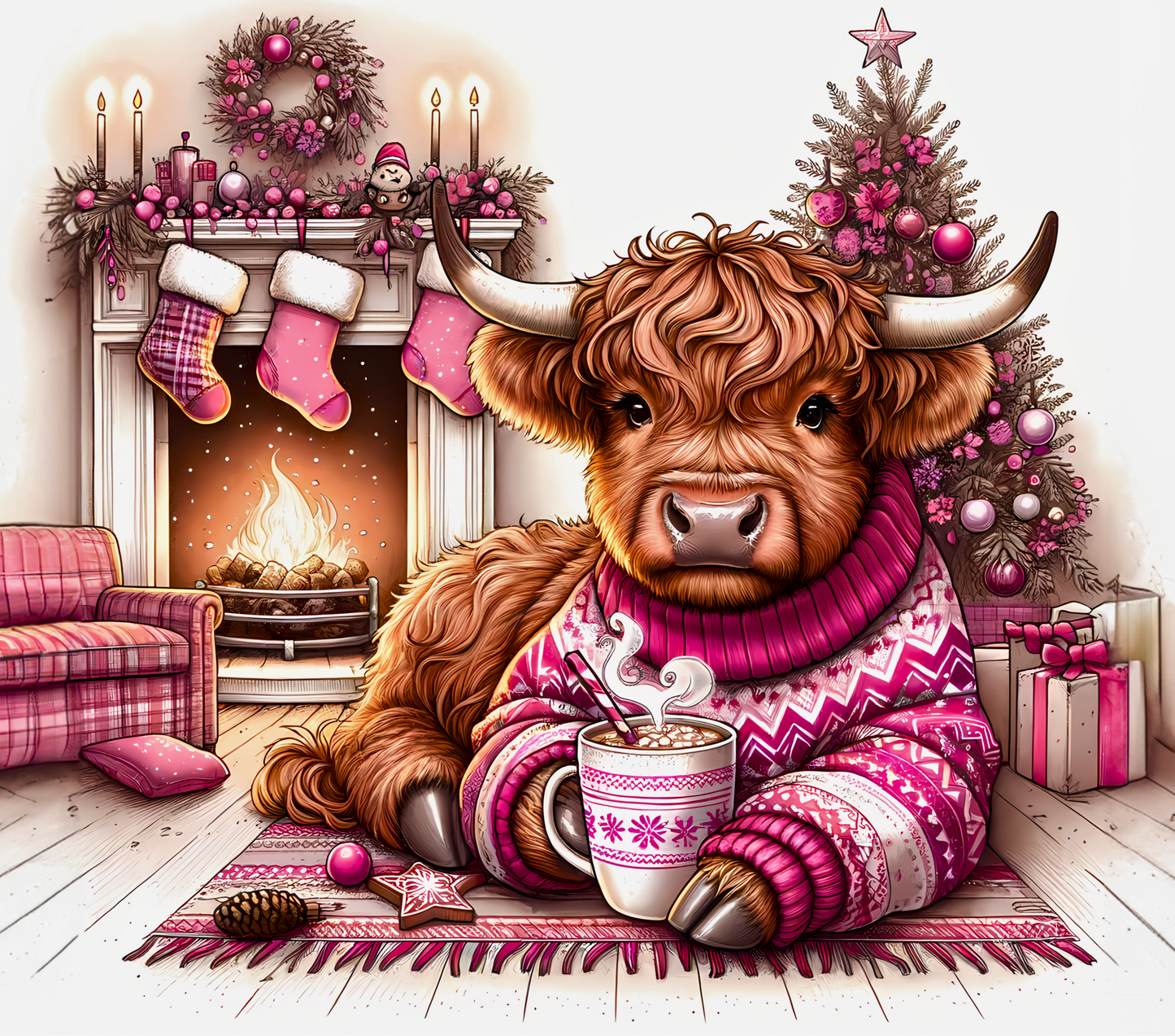 Highland Christmas Cow in Pink